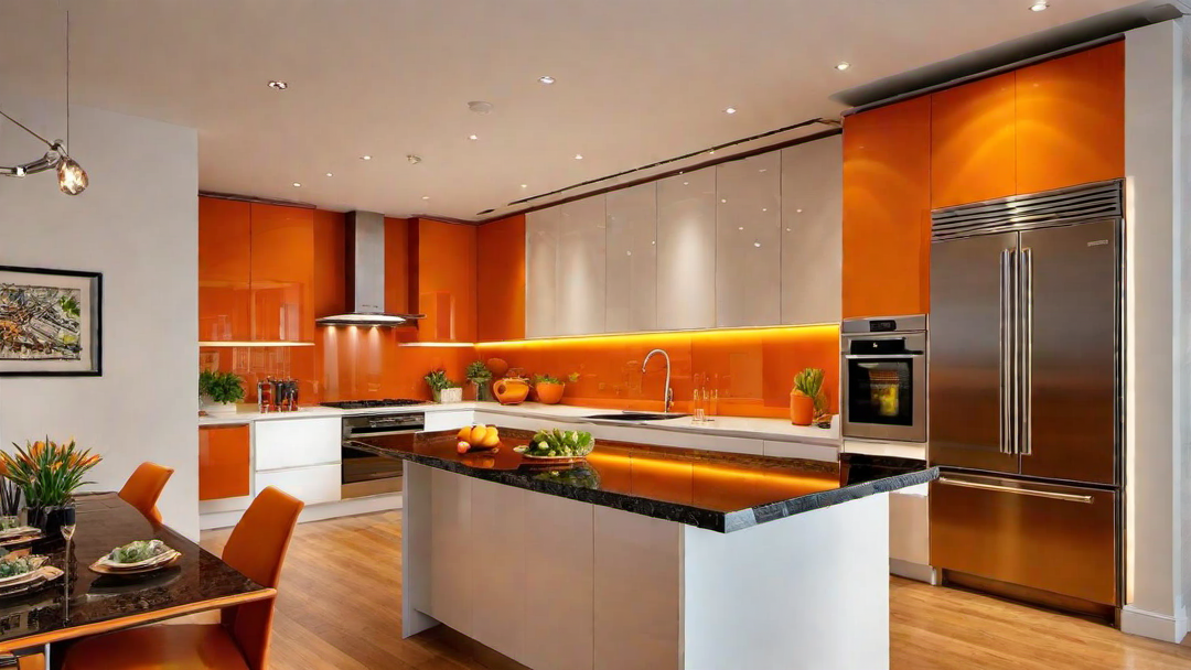 Artistic Flair: Orange Kitchen with Unique Artwork and Sculptures