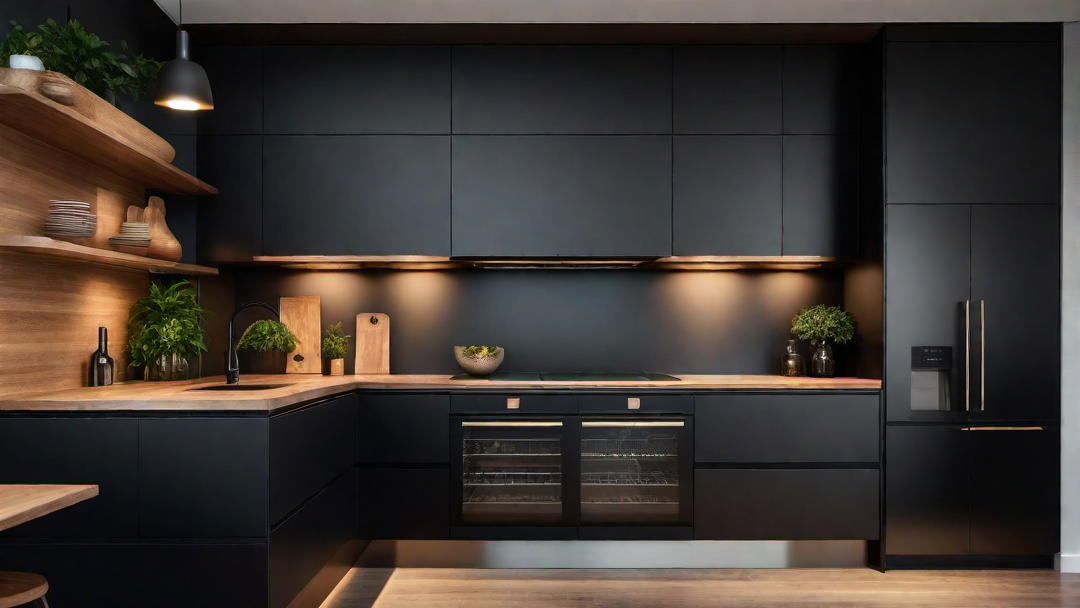 Cozy Atmosphere: Black Kitchen with Warm Lighting