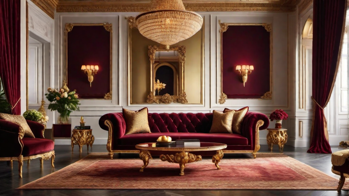 Elegant Opulence: Gold and Maroon Accents for a Luxurious Living Room