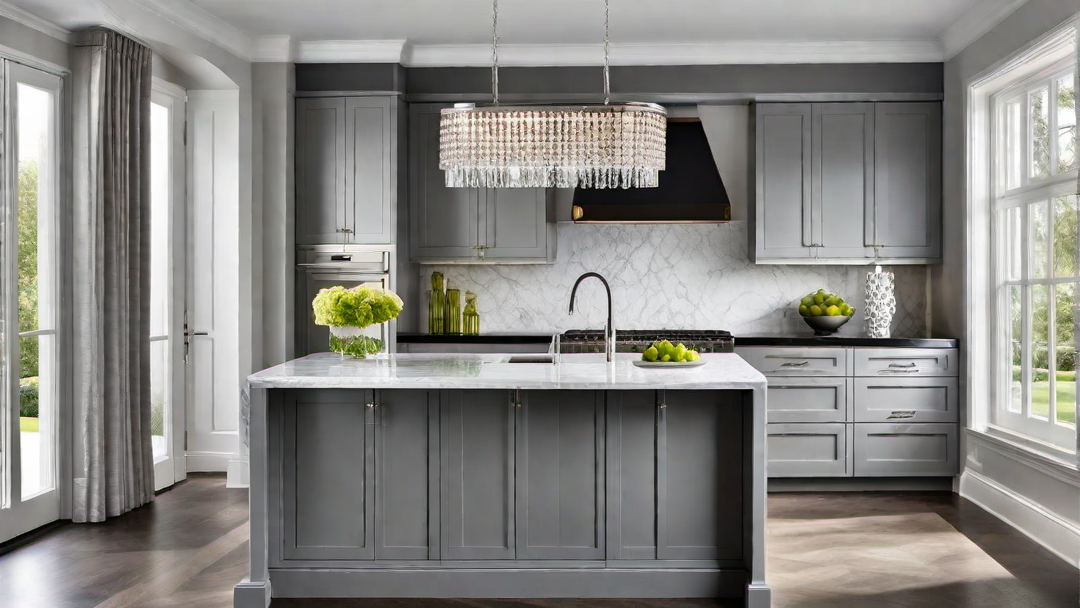 Glamorous Touch: Grey Kitchen with Crystal Chandeliers