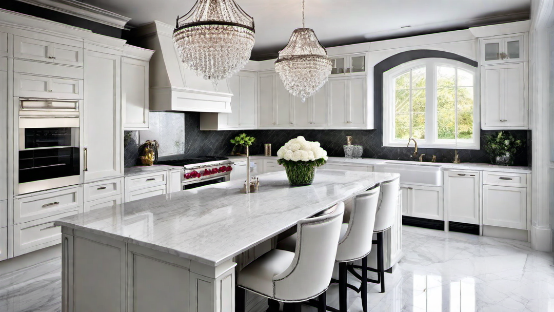 Glamorous Touch: White Kitchen with Crystal Chandeliers