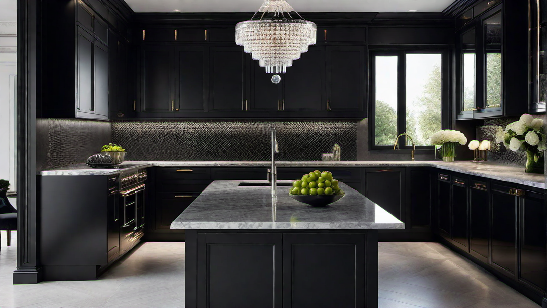 Glamorous Vibes: Black Kitchen with Crystal Chandelier