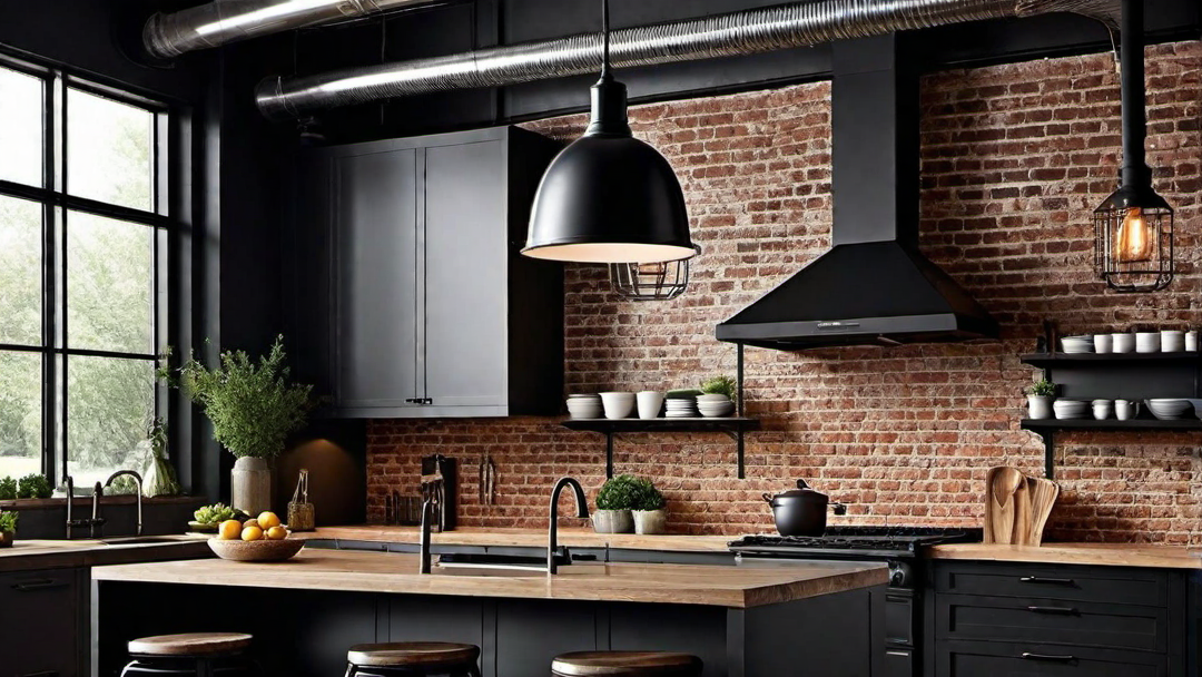 Industrial Charm: Exposed Brick and Black Kitchen Elements