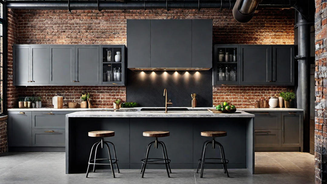 Industrial Charm: Exposed Brick with Grey Kitchen Cabinets