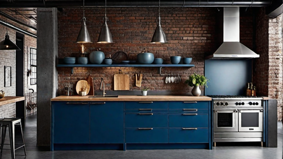 Industrial Chic: Blue Kitchen with Exposed Brick