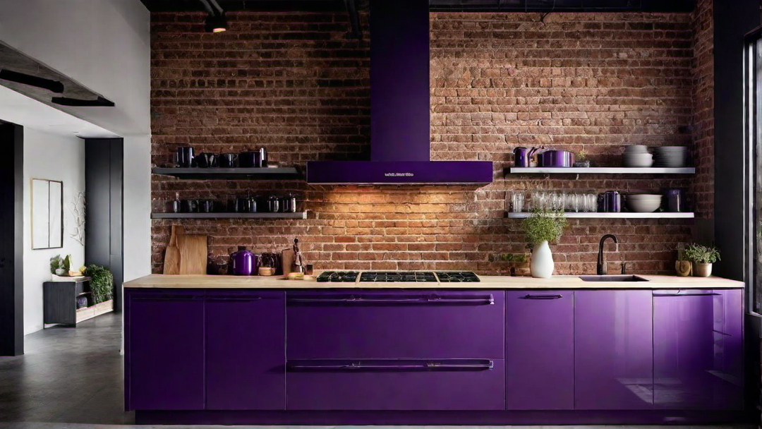 Industrial Chic: Exposed Brick Wall with Purple Kitchen Appliances