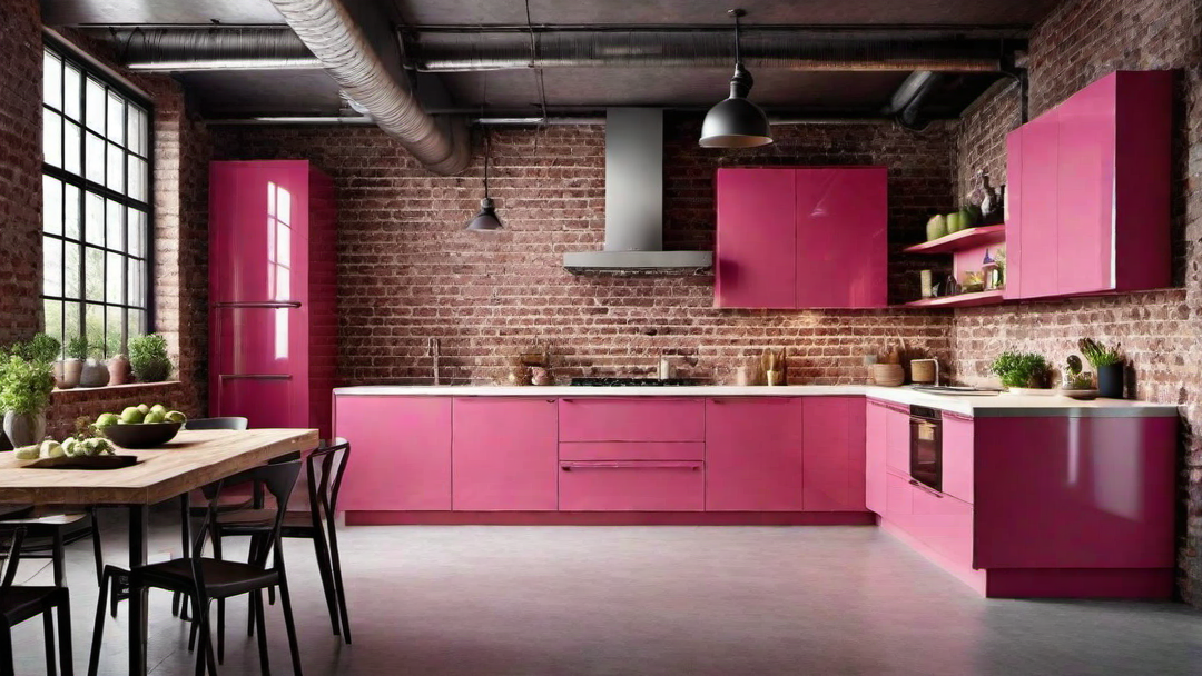 Industrial Chic: Exposed Brick and Pink Kitchen Cabinets