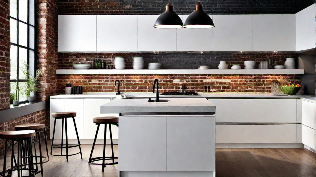 Industrial Chic: White Kitchen with Exposed Brick and Metal Accents