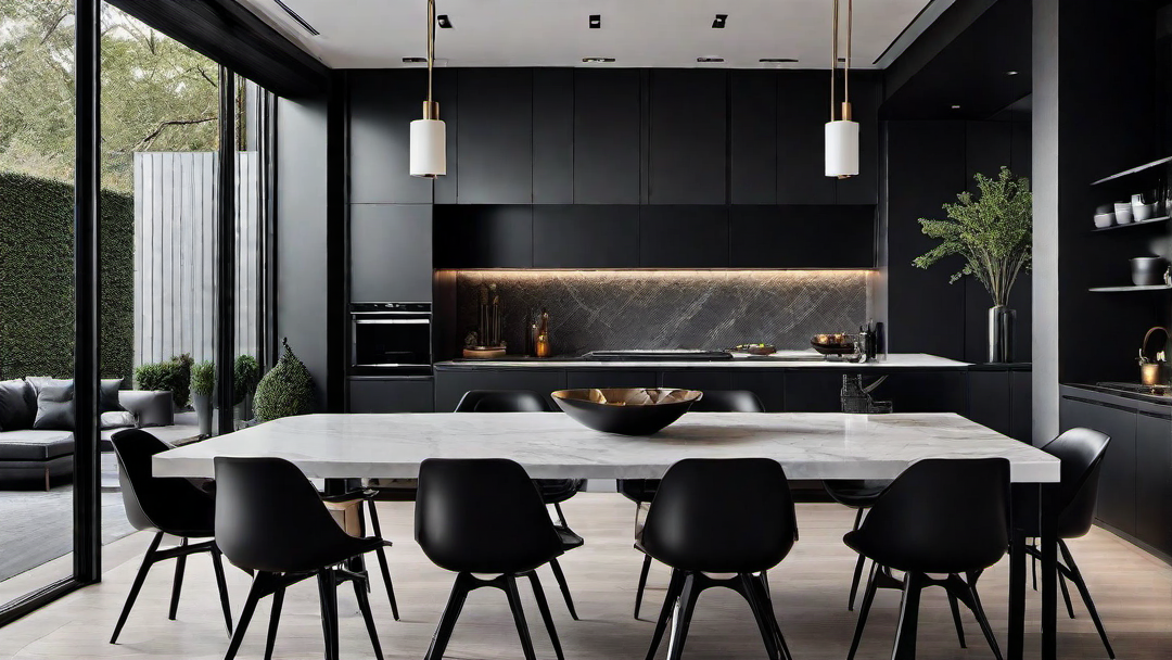 Open Concept: Black Kitchen with Integrated Dining Area