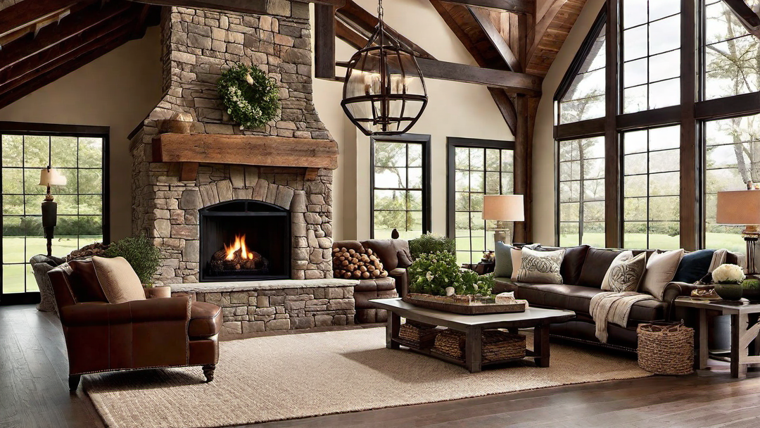 Rustic Charm: Exposed Wooden Beams and Stone Fireplace