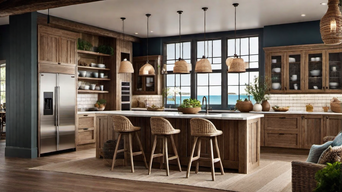 Rustic Charm: Weathered Wood and Wicker Accents in Coastal Kitchen