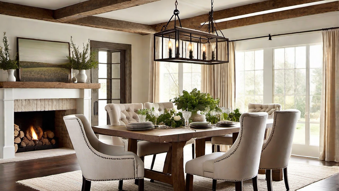 Rustic Comfort: Farmhouse Dining Room with Plush Seating