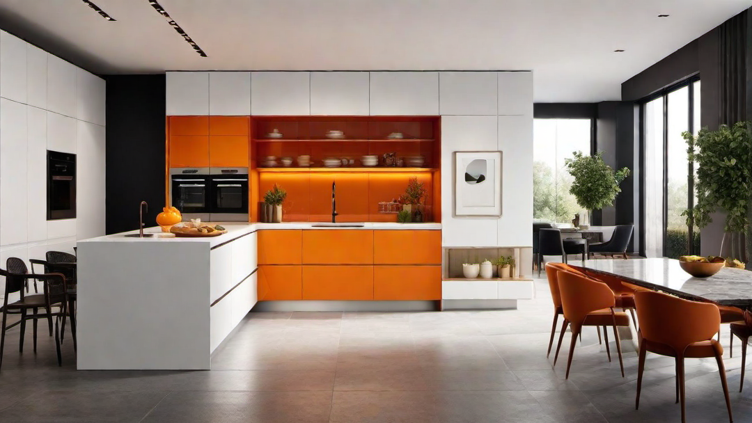 Sleek Elegance: Orange Kitchen Island with Marble Countertop