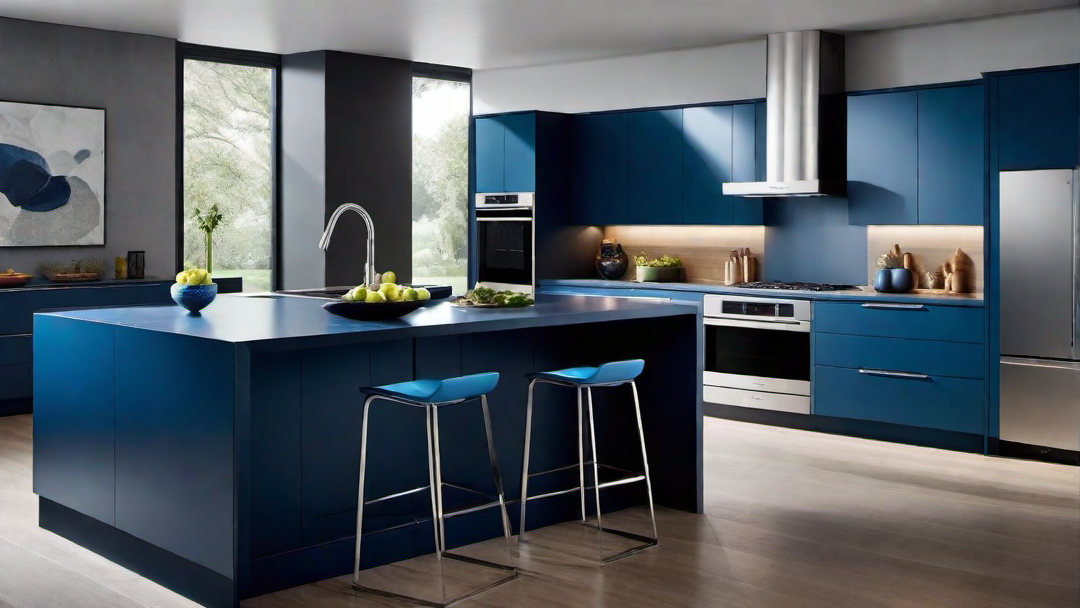 Sleek and Modern: Blue Kitchen with Stainless Steel Appliances