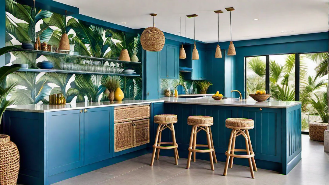 Tropical Paradise: Blue Kitchen with Tropical Print Decor