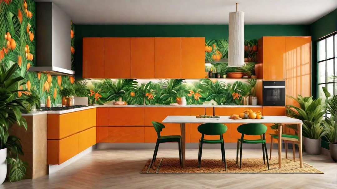 Tropical Paradise: Orange Kitchen with Tropical Patterns and Greenery