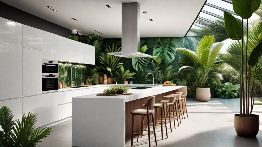 Tropical Paradise: White Kitchen with Tropical Plants and Decor