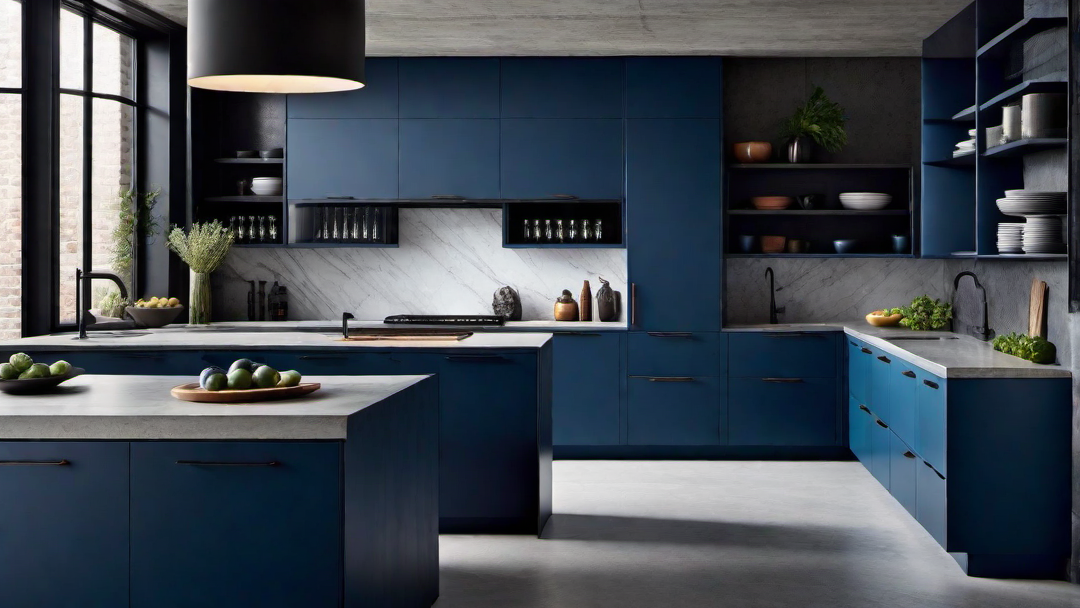 Urban Loft Vibes: Blue Kitchen with Concrete Countertops