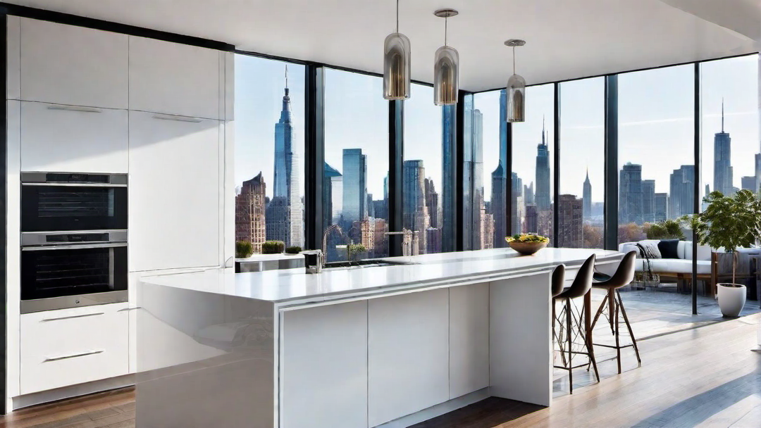 Urban Oasis: White Kitchen with City Views and Urban Elements