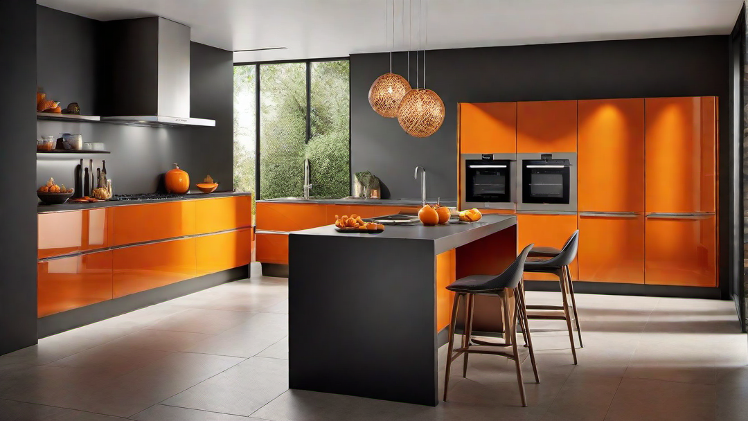 Vibrant and Modern: Orange Kitchen with Sleek Appliances