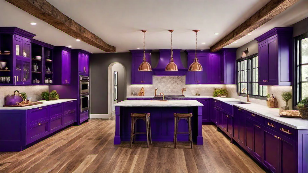 Warm and Inviting: Rustic Purple Kitchen with Wooden Elements