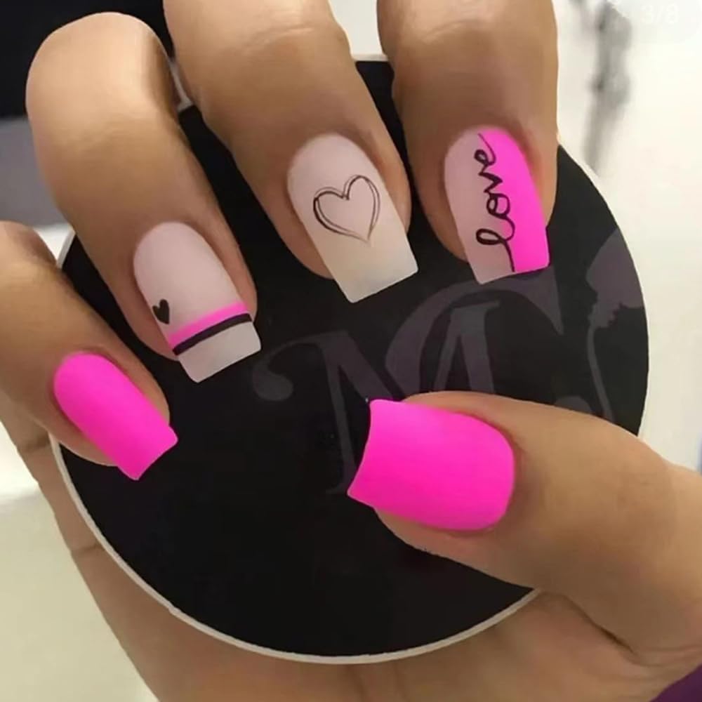 24Pcs Valentine's Day Press on Nails Pink Square Fake Nails Full Cover with Black Love Design Glossy Glue on Nails Artificial False Nails Supplies Charms Acrylic Nails Decoration for Women Nail Art