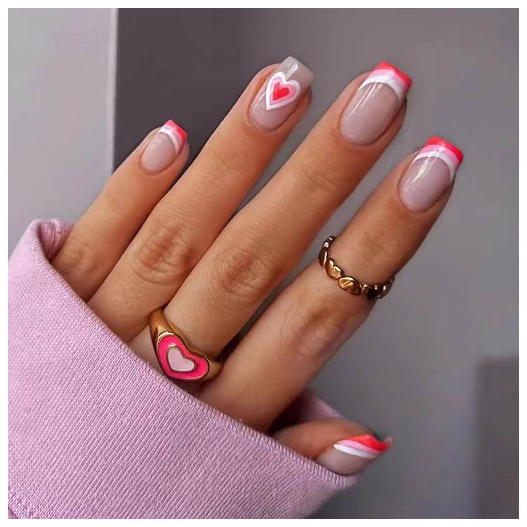 Press on nails french short medium square red heart false nails short coffin acrylic nails Valentine's Day women girls 24 Pcs Style102