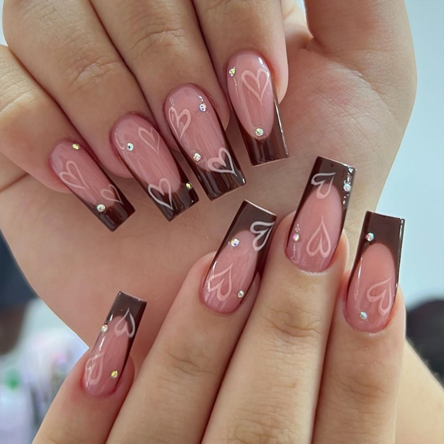 24Pcs Valentine's Day Coffee Press on Nails Long Square Fake Nails with Rhinestone & Heart Design French Tip Acrylic Nails Winter Stick on Nails for Women Girlfriend Gift Coffee Pink L66