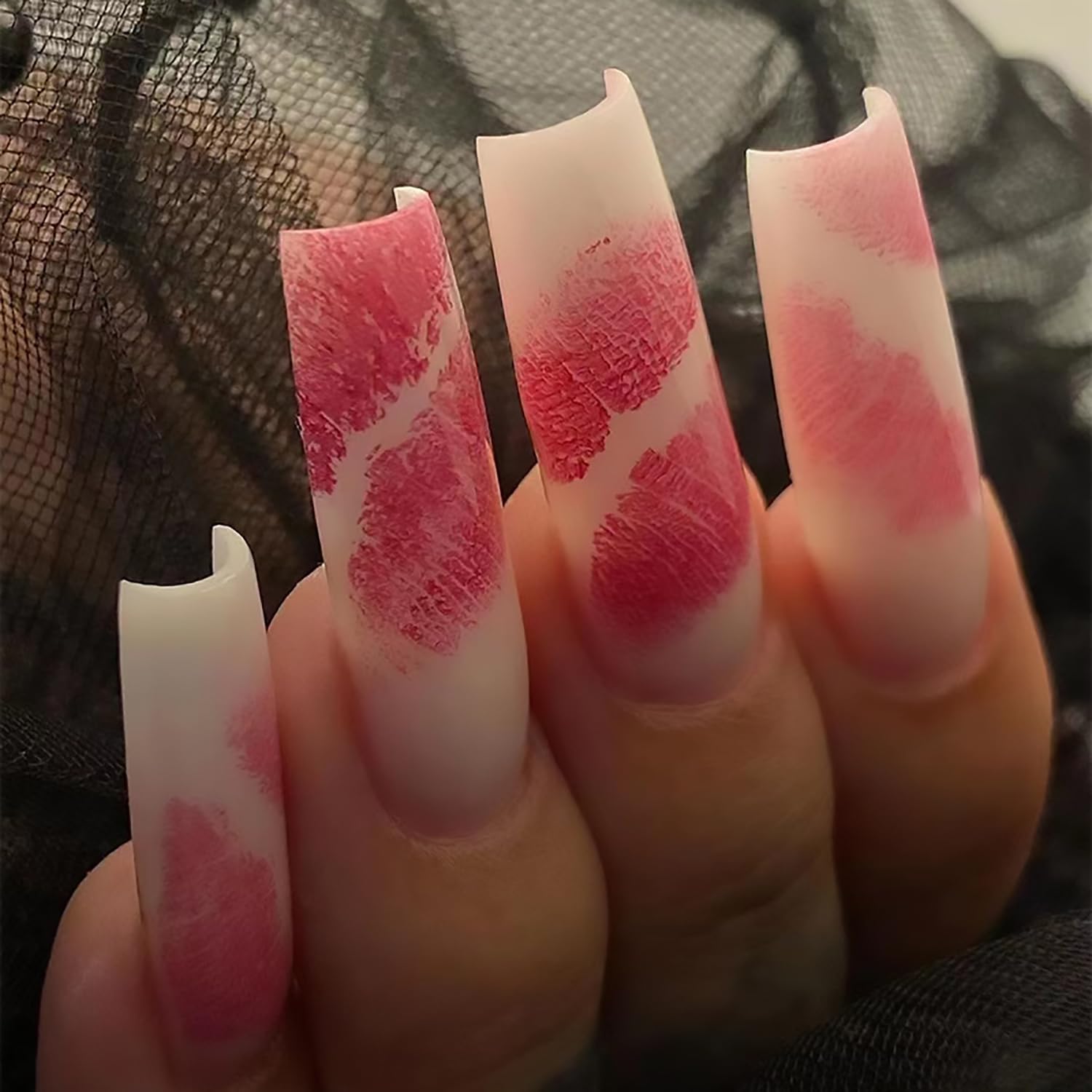 Valentine's Day Press on Nails Square Long Fake Nails Valentines Matte False Nails With Red Lips Designs Full Cover Stick on Nails Acrylic Romantic Artificial Nails for Women Glue on Nails 24Pcs Valentines nails 1