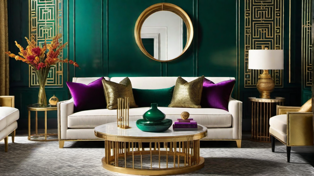 Art Deco Glamour: Luxurious Gold Accents in a Vivid Living Room