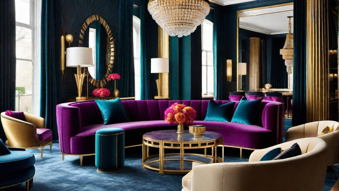 Art Deco Glamour: Vibrant Living Room with Gilded Accents