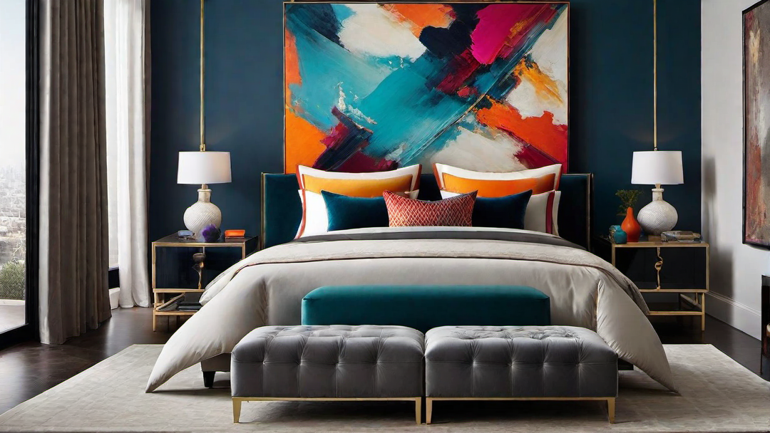 Artistic Expression: Vibrant Bed Room with Abstract Art