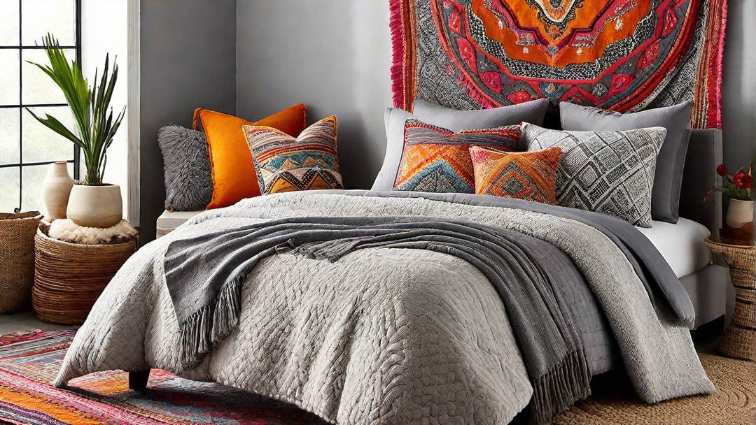 Bohemian Vibes: Grey Bedroom with Eclectic Patterns and Textiles
