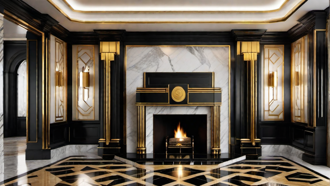 Bold Contrasts: Black and Gold Art Deco Fireplace Mantel