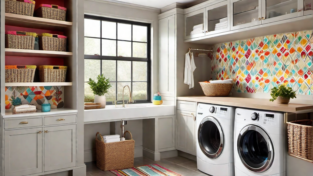 Colorful Contrast: Vibrant Accents in a Neutral-toned Laundry Room