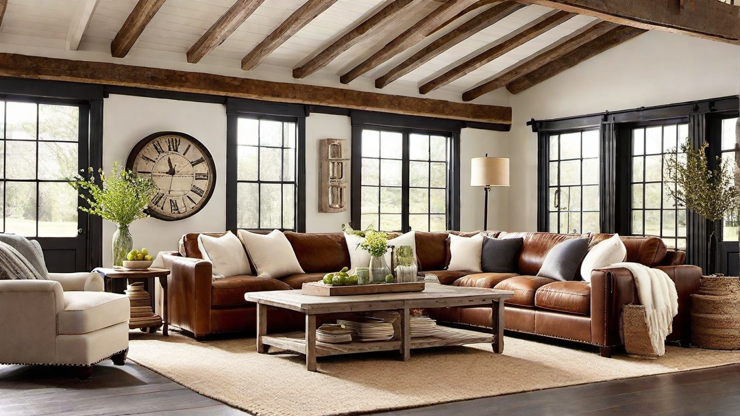 Cozy Living Space: Rustic Farmhouse Living Room with Exposed Beams