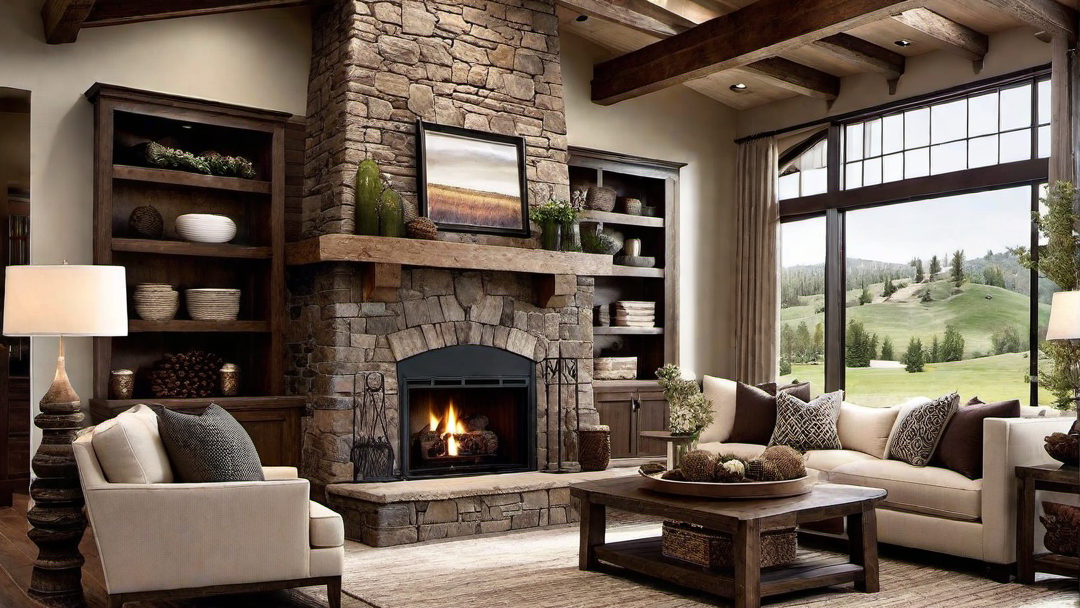 Cozy Rustic Charm: Wooden Beam Fireplace in Ranch Style Living Rooms