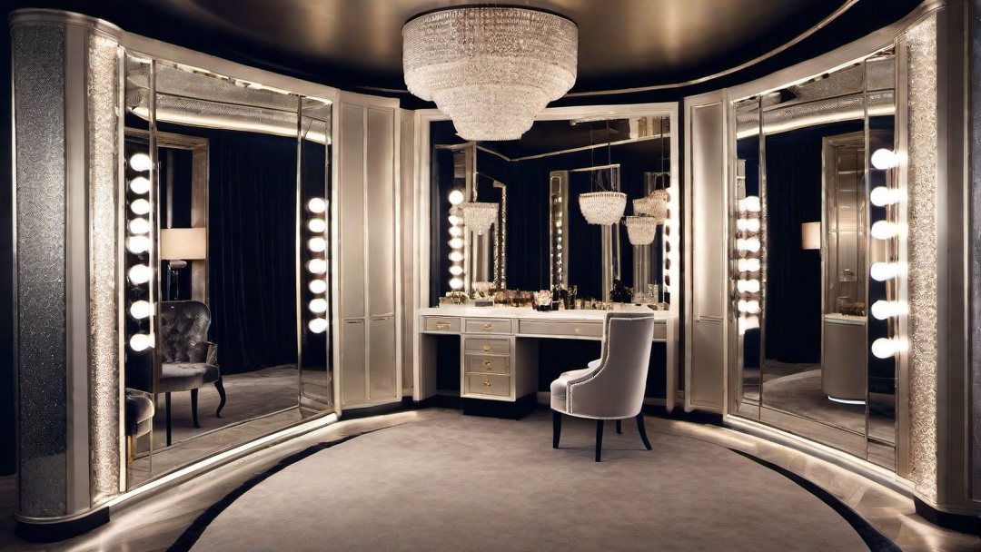 Dazzling Lights: Illuminated Makeup Station in Glittering Dressing Room