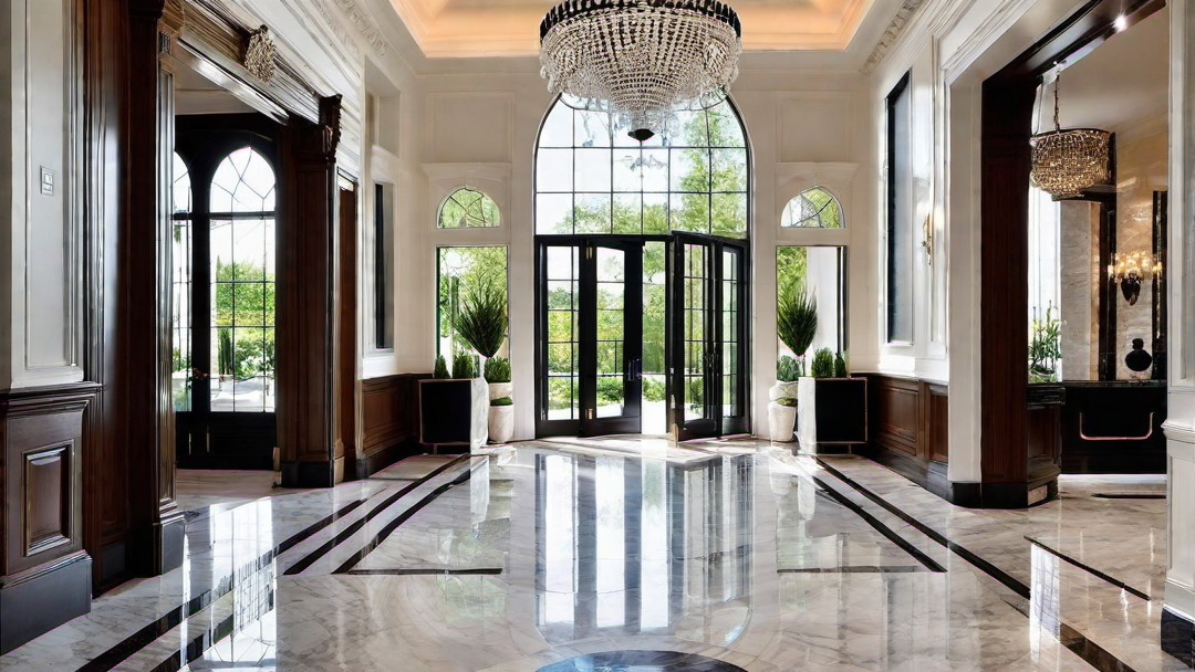 Dramatic Entryway: Grand Chandelier and Marble Flooring