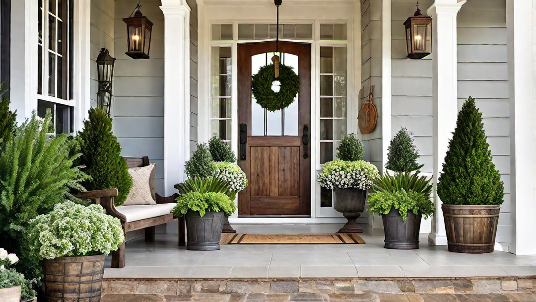 Farmhouse Front Entry: Rustic Welcome with Potted Plants