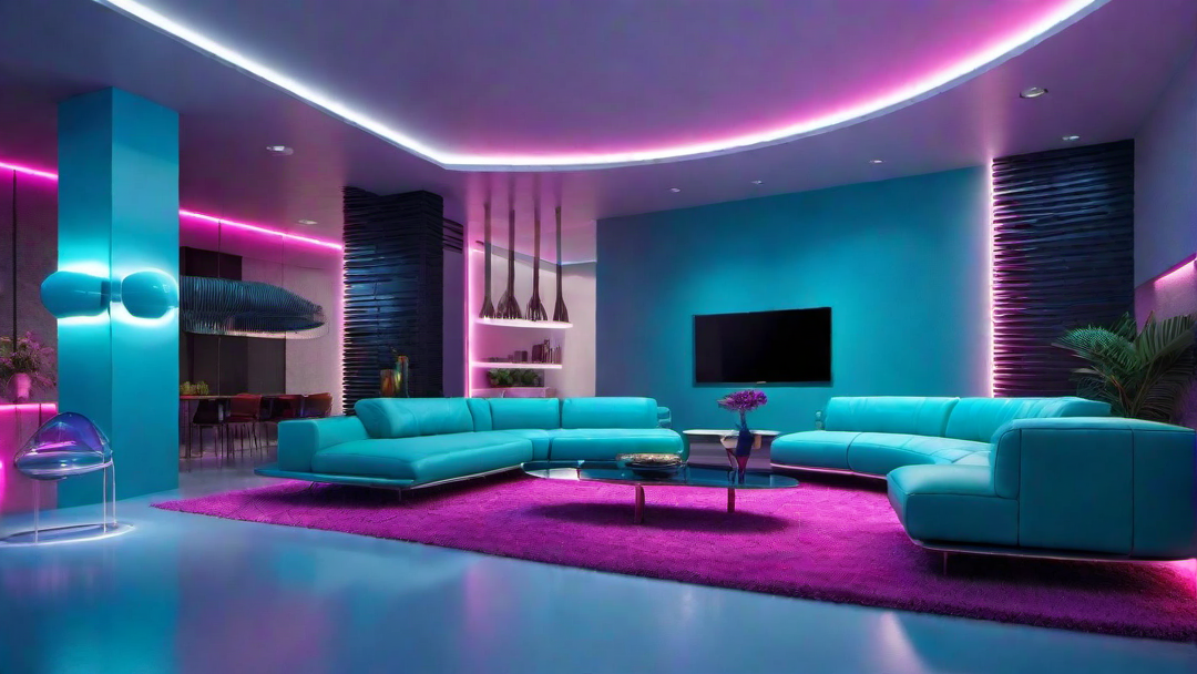 Futuristic Fun: Neon Lights and Bold Colors for a Modern Living Room