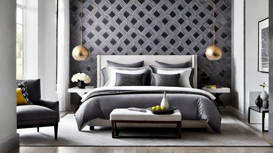 Geometric Harmony: Grey Bedroom with Bold Geometric Patterns
