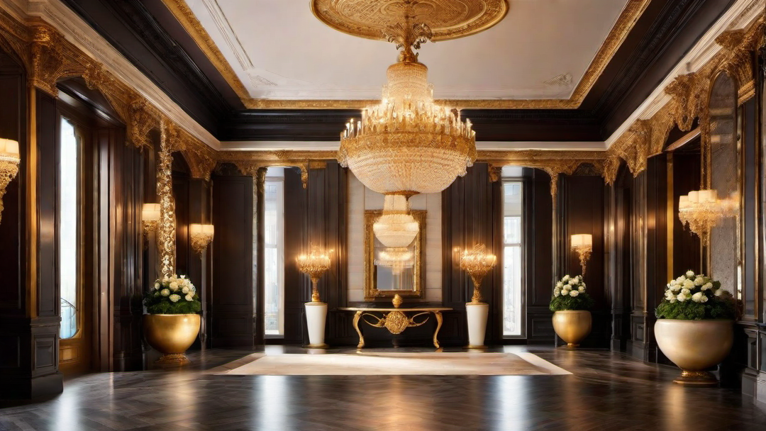 Gilded Elegance: Lustrous Entryway with Ornate Chandelier
