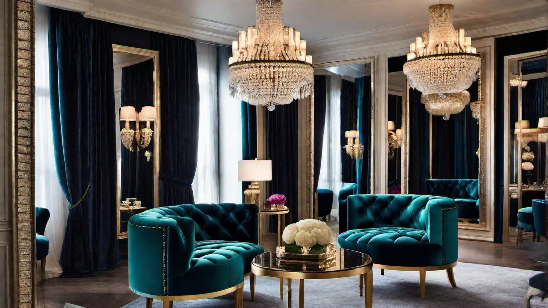 Glamorous Seating: Plush Ottoman and Velvet Chairs in Glittering Dressing Room
