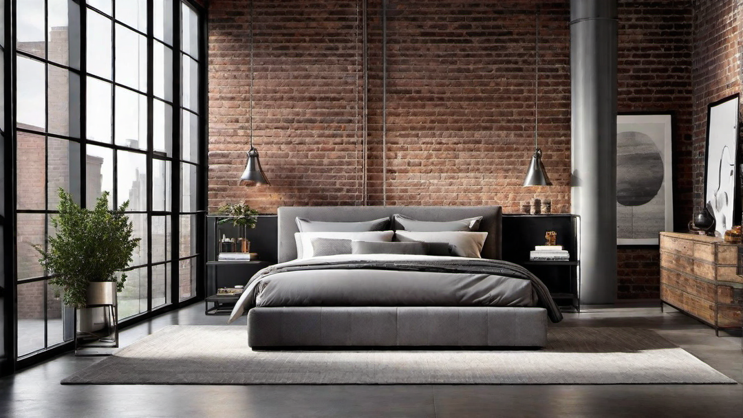 Industrial Elegance: Grey Bedroom with Exposed Brick and Metal Accents
