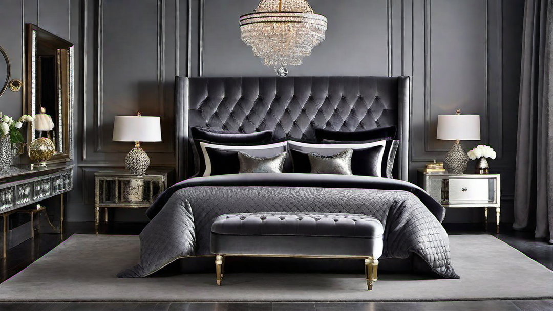 Luxurious Opulence: Grey Bedroom with Velvet Upholstery and Metallic Accents