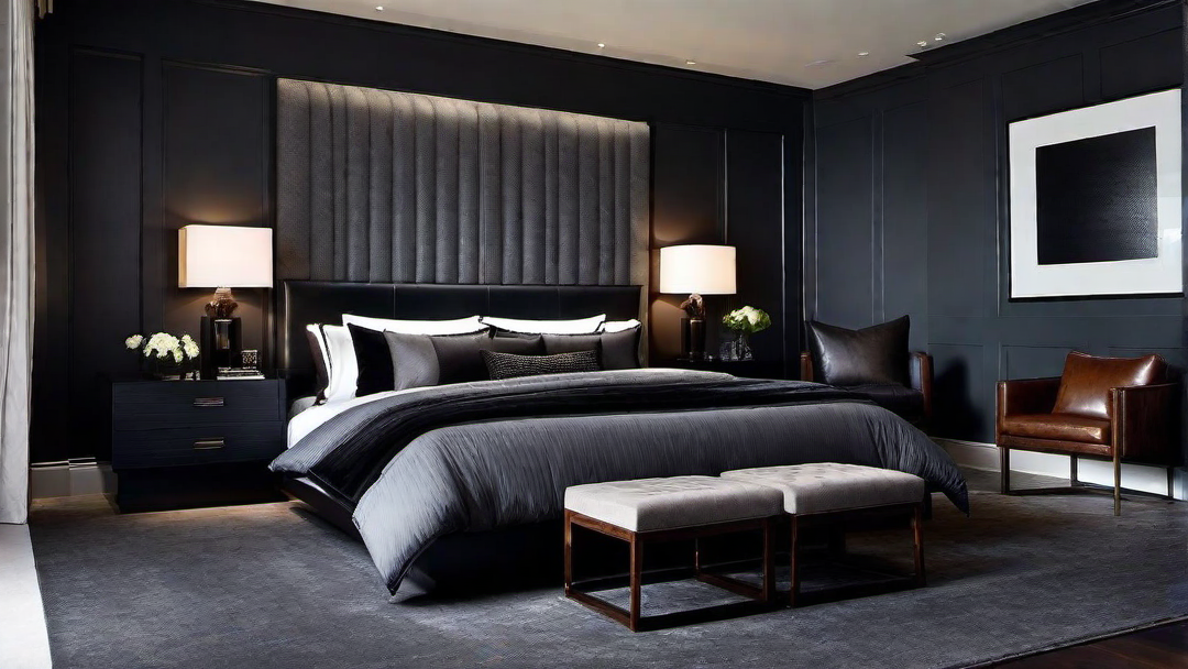 Masculine Appeal: Grey Bedroom with Dark Accents and Moody Lighting