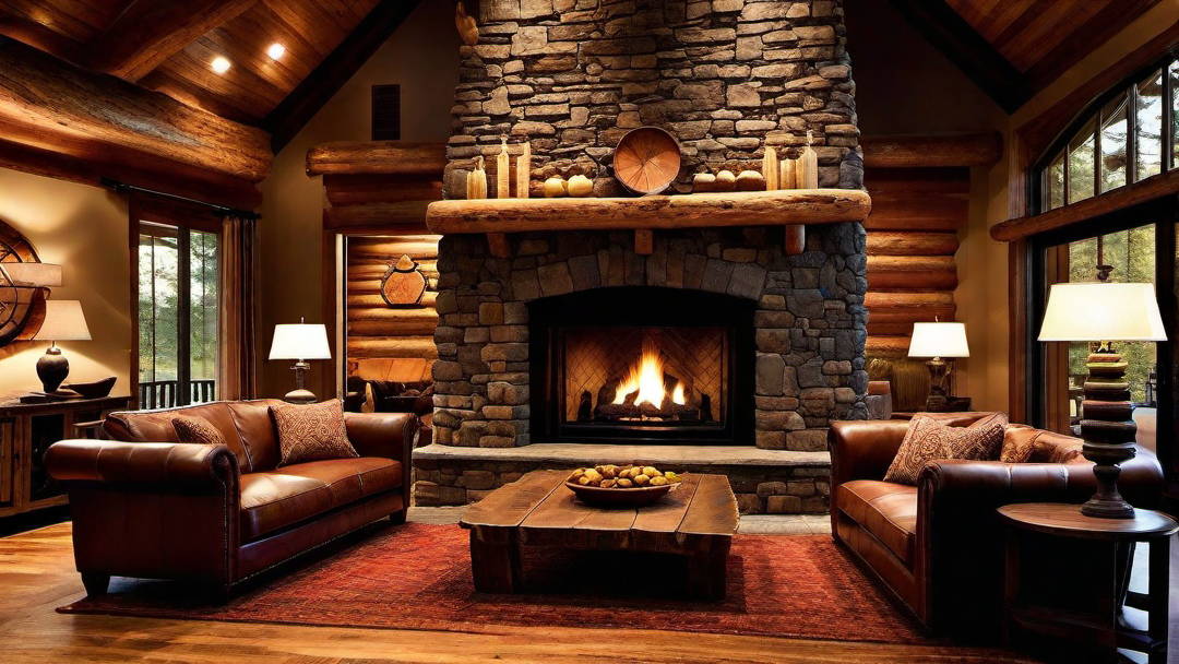 Natural Elements: Stone and Wood Fireplace in Ranch Style Lodge