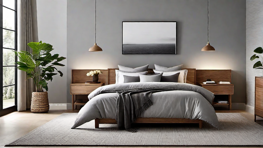 Nature-Inspired Tranquility: Grey Bedroom with Wooden Elements