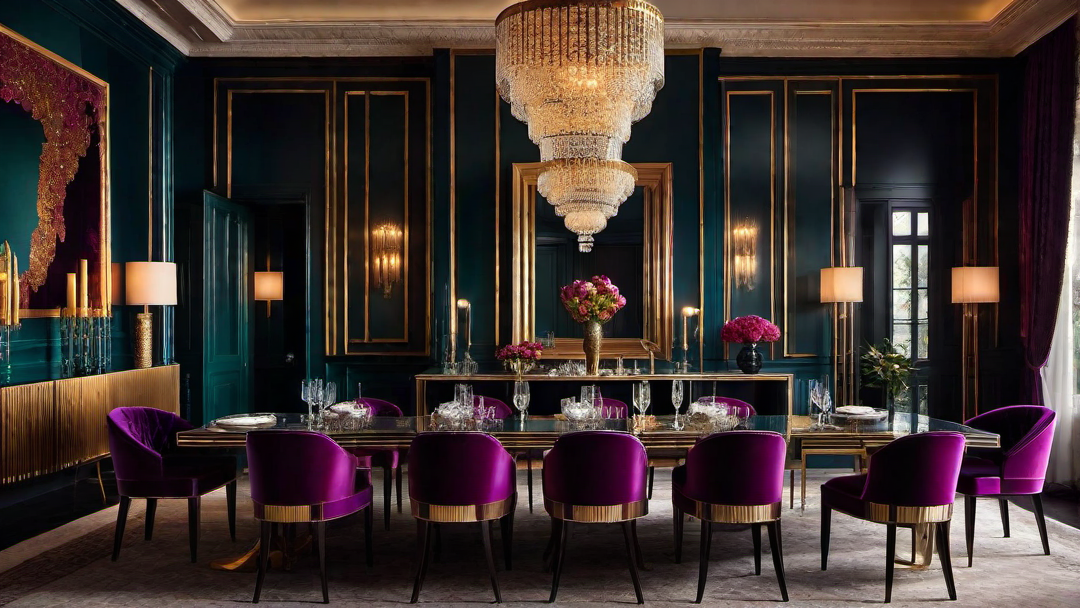 Opulent Elegance: Art Deco Dining Room with Luxurious Chandeliers